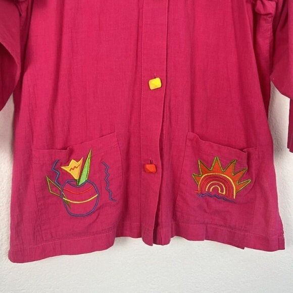 Vintage 80s PETER POPOVITCH Retro Mod Hot Pink Oversized Button Front Blouse Med - Picture 3 of 10